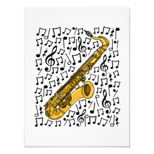 Saxofoon muzieknoten, saxofonist muziekleraar foto afdruk