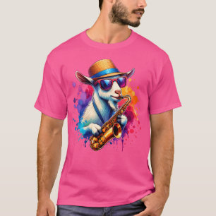 Saxofoon spelende geit met zonnebril t-shirt