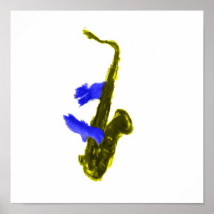 Saxophone gespeeld door twee handen, blauw en geel poster