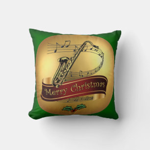 Saxophone ~ Merry Kerstmis en Musical Scroll ~  Kussen