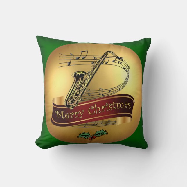 Saxophone ~ Merry Kerstmis en Musical Scroll ~  Kussen (Voorkant)