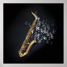 Saxophone met muzieknoten die uit de bel komen