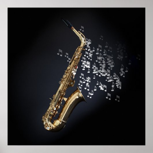 Saxophone met muzieknoten die uit de bel komen poster (Voorkant)
