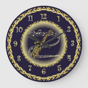 Saxophone ~ Musical Scroll ~ Gold/Navy Blue ~ Grote Klok