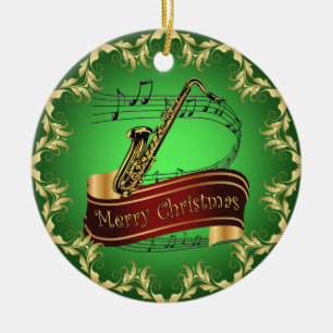 Saxophone ~ Musical Scroll ~ Merry Kerst~ * ~ Keramisch Ornament