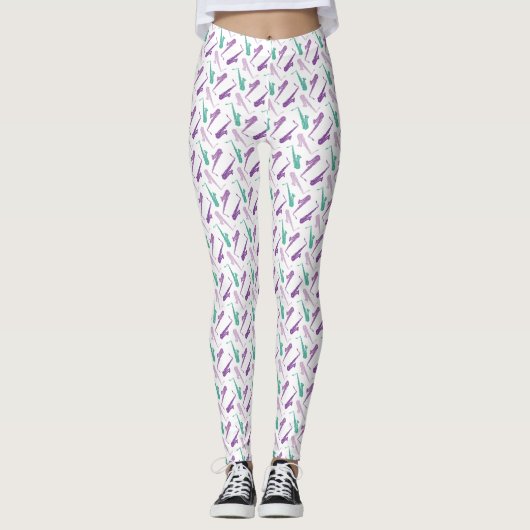 Saxophone Pattern Paars Blauwgroen Leggings (Voorkant)