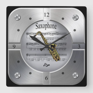 Saxophone ~ Sheet Music ~ Brushed Silver Color ~ Vierkante Klok