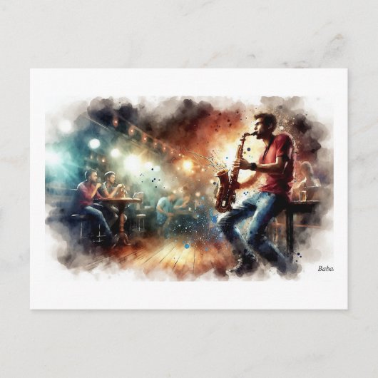 Saxophonist Performing in Cafe, Briefkaart (Voorkant)