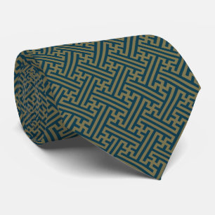 Sayagata patroon, Japans, Goud en Marine Blauw Stropdas