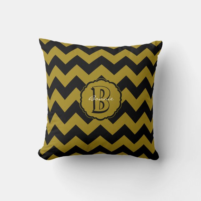 SC Monogram Chevron, Black-Gold B Square Pillow Kussen (Voorkant)