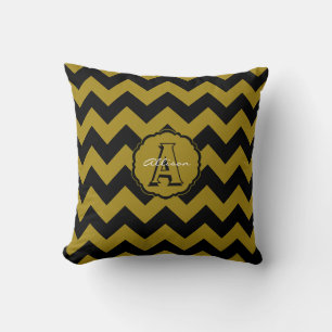 SC Monogram Chevron, Black-Gold Square Pillow Kussen