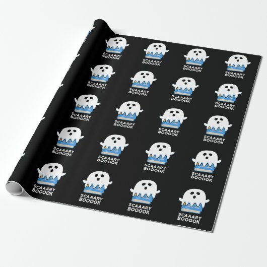 Scaaaary Booook Funny Ghost Book Pun Dark BG Cadeaupapier (Uitgerold)
