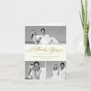 Scallop Band Romantic Script 3 Multi Photo Wedding Bedankkaart