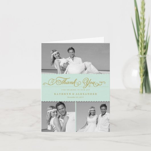 Scallop Band Romantic Script 3 Multi Photo Wedding Bedankkaart (Voorkant)