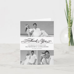 Scallop Band Romantic Script 3 Multi Photo Wedding Bedankkaart