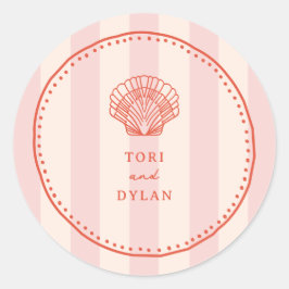 Scallop Seashell Roze Tropische Streep Bruiloft Ronde Sticker