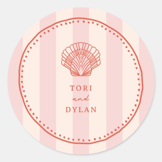 Scallop Seashell Roze Tropische Streep Bruiloft Ronde Sticker (Voorkant)