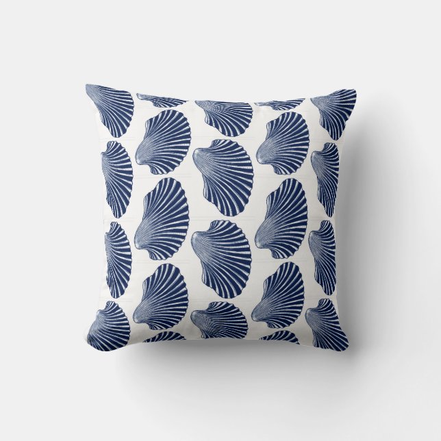 Scallop Shell Block Print, Indigo and White Kussen (Voorkant)