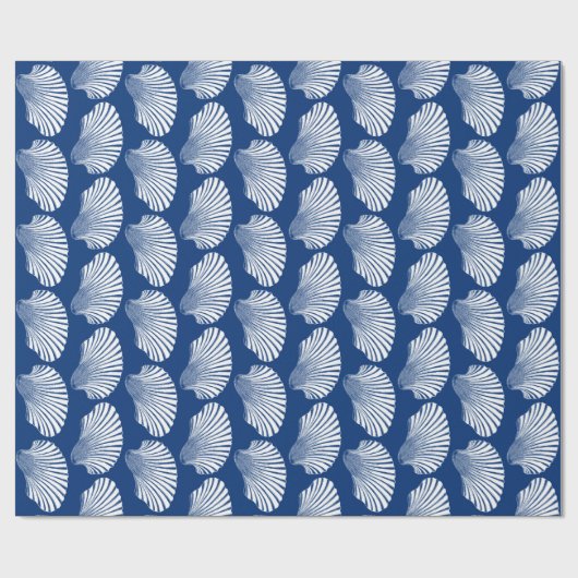 Scallop Shell Block Print, Navy Blue en White Cadeaupapier (Vlak)