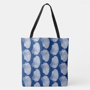 Scallop Shell Block Print, Navy Blue en White Draagtas