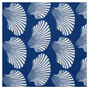 Scallop Shell Block Print, Navy Blue en White Stof