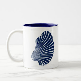 Scallop Shell Block Print, Navy Blue en White Tweekleurige Koffiemok