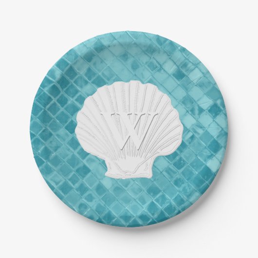 Scallop Shell Monogram Aqua Zee Glass Papieren Bordje (Voorkant)