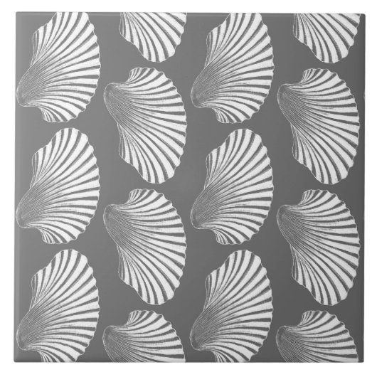 Scallop Shell Print, grijs / grijs en wit Tegeltje (Voorkant)