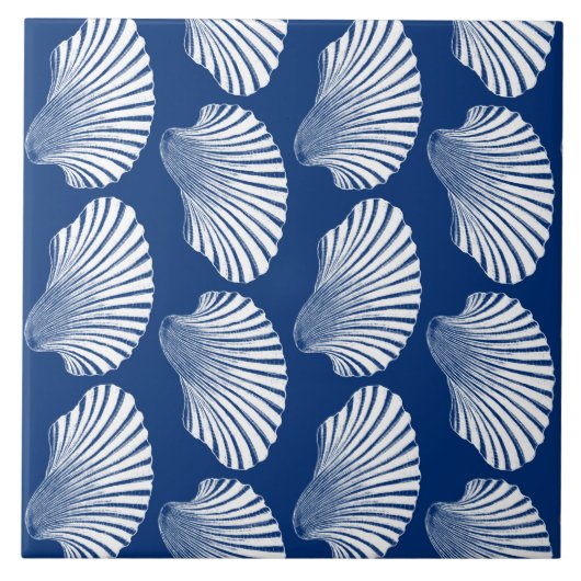Scallop Shell Print, Navy Blue en White Tegeltje (Voorkant)