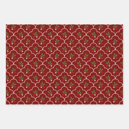 Scallop Tegel met Holly Branch Berries Kerst Inpakpapier Vel (Voorkant)