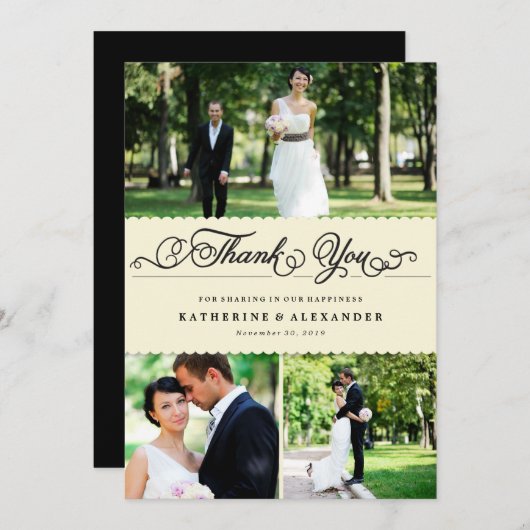 Scalloped Band Romantic Script Multi Photo Wedding Bedankkaart (Voorkant / Achterkant)