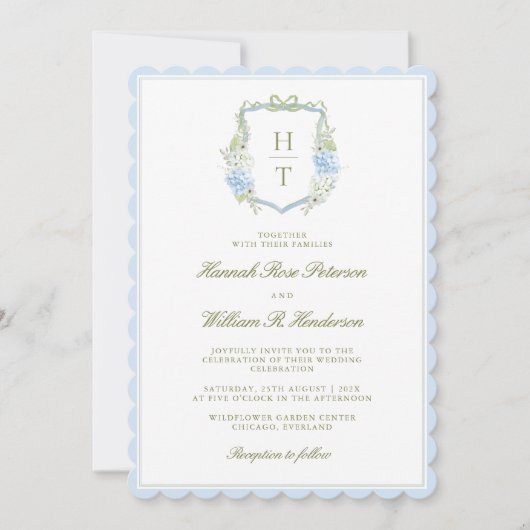 Scalloped Hydrangea Crest Wedding Invitation (Devant)