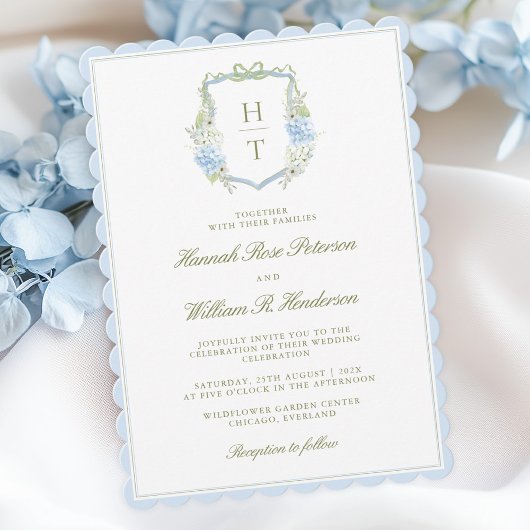Scalloped Hydrangea Crest Wedding Invitation Kaart