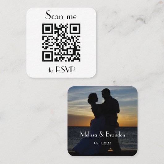 Scan me naar RSVP Wedding QR Code Response Vierkante Visitekaartje (Voorkant / Achterkant)