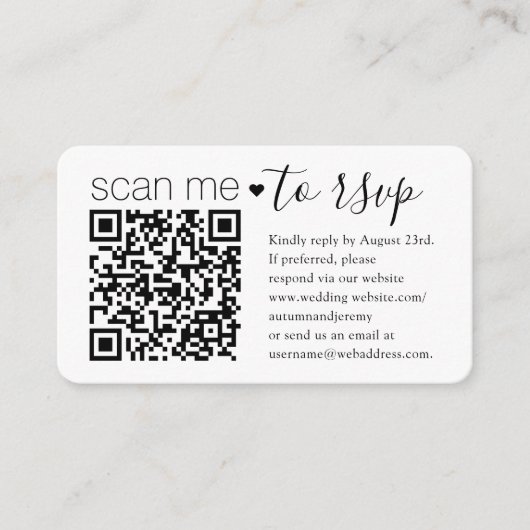 Scan me QR RSVP & Details Eenvoudig script bruilof Informatiekaartje (Voorkant)