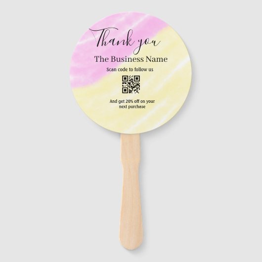 Scan QR om ons te volgen bedank code roze Handwaaier (Voorkant)