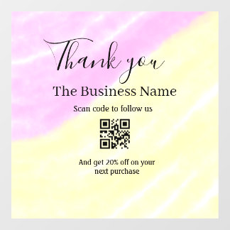 Scan QR to follow us thank you discount code pink  Raamsticker