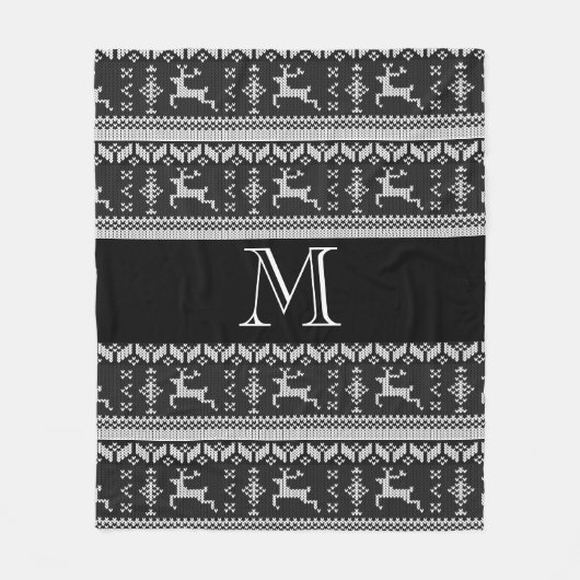 Scandi Black en Gray Reindeer Noors Alpiene Alpen Fleece Deken (Voorkant)