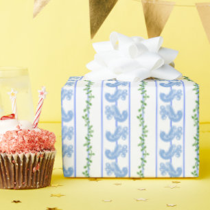 Scandi Blauwe Vogel Groene Klimop Streep Cadeaupapier