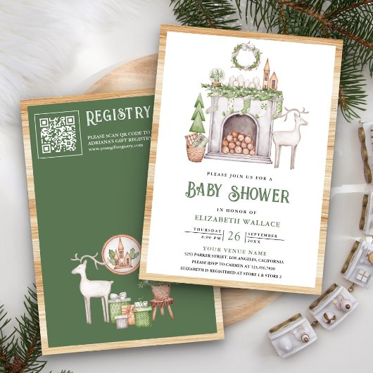 Scandi Christmas Fireplace QR Code Baby shower Kaart