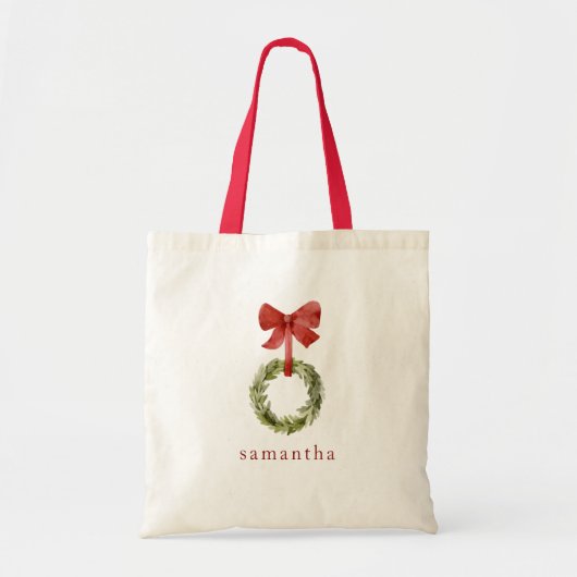 Scandi Christmas Wreath Red Bow Aangepaste naam Tote Bag (Voorkant)