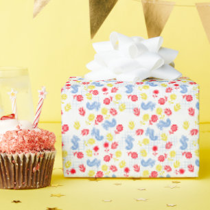 Scandi Ditsy Blauwe Vogel Rood Gele Bloem Cadeaupapier