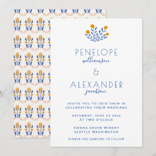 Scandi Folk Floral in Blue and Yellow Wedding Kaart