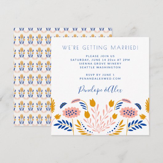 Scandi Folk Flowers in Blue Casual Square Weddensc Kaart (Voorkant / Achterkant)