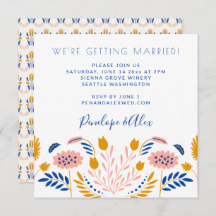 Scandi Folk Flowers in Blue Casual Square Weddensc Kaart