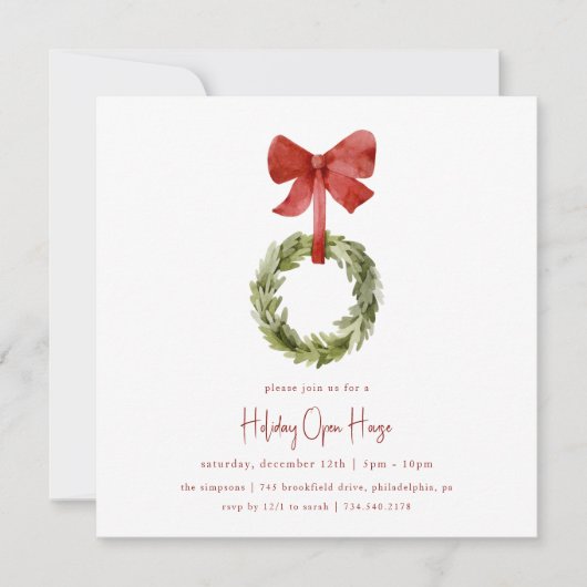 Scandi Kerstkrans Rode Strik Holiday Open House Feestdagenkaart (Voorkant)