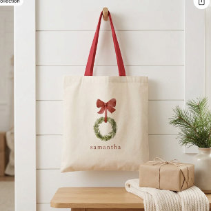 Scandi Kerstkrans Rood Lint Eigen Naam Tote Bag