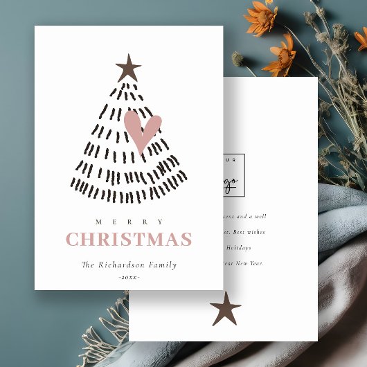 Scandi Minimal Blush Heart Christmas Tree Logo Feestdagenkaart