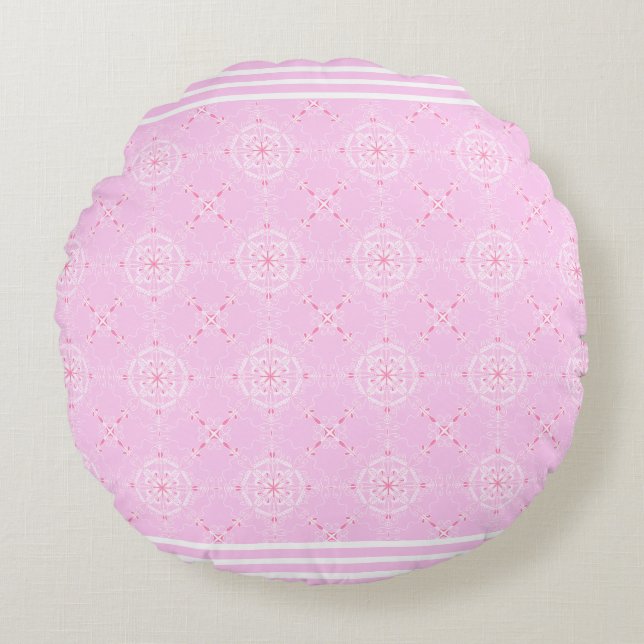 Scandi Pattern met Stripes Pink and White Rond Kussen (Voorkant)
