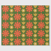 Scandi Retro Floral Pattern Green Sinaasappel Ochr Cadeaupapier (Vlak)